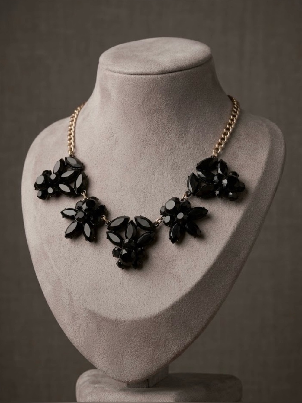 J.Crew Black Floral Cluster Bib Statement Necklace | Antiqued Gold Tone
